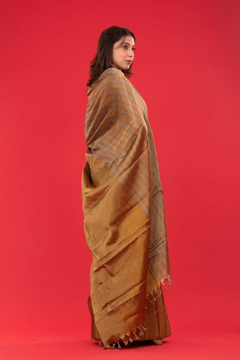 Gold Striped Woven Tissue Silk Saree - Chinaya Banaras