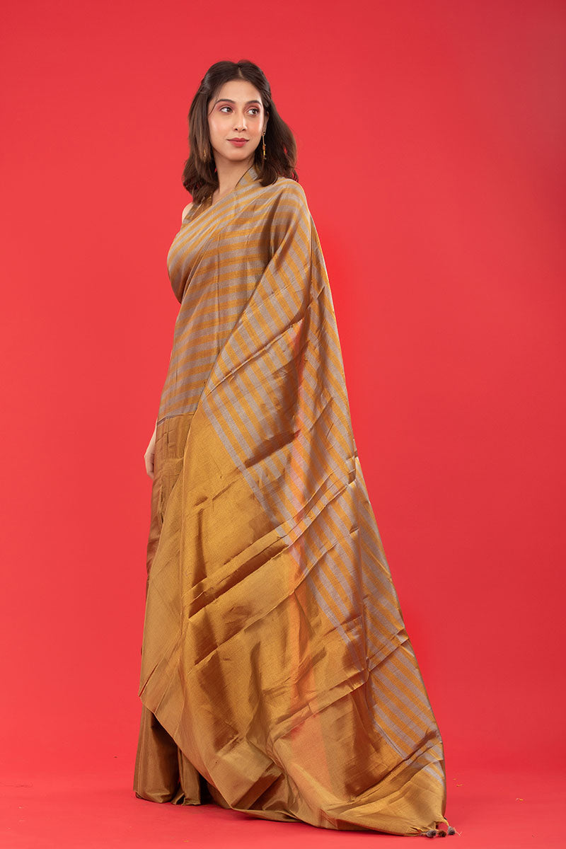 Gold Striped Woven Tissue Silk Saree - Chinaya Banaras