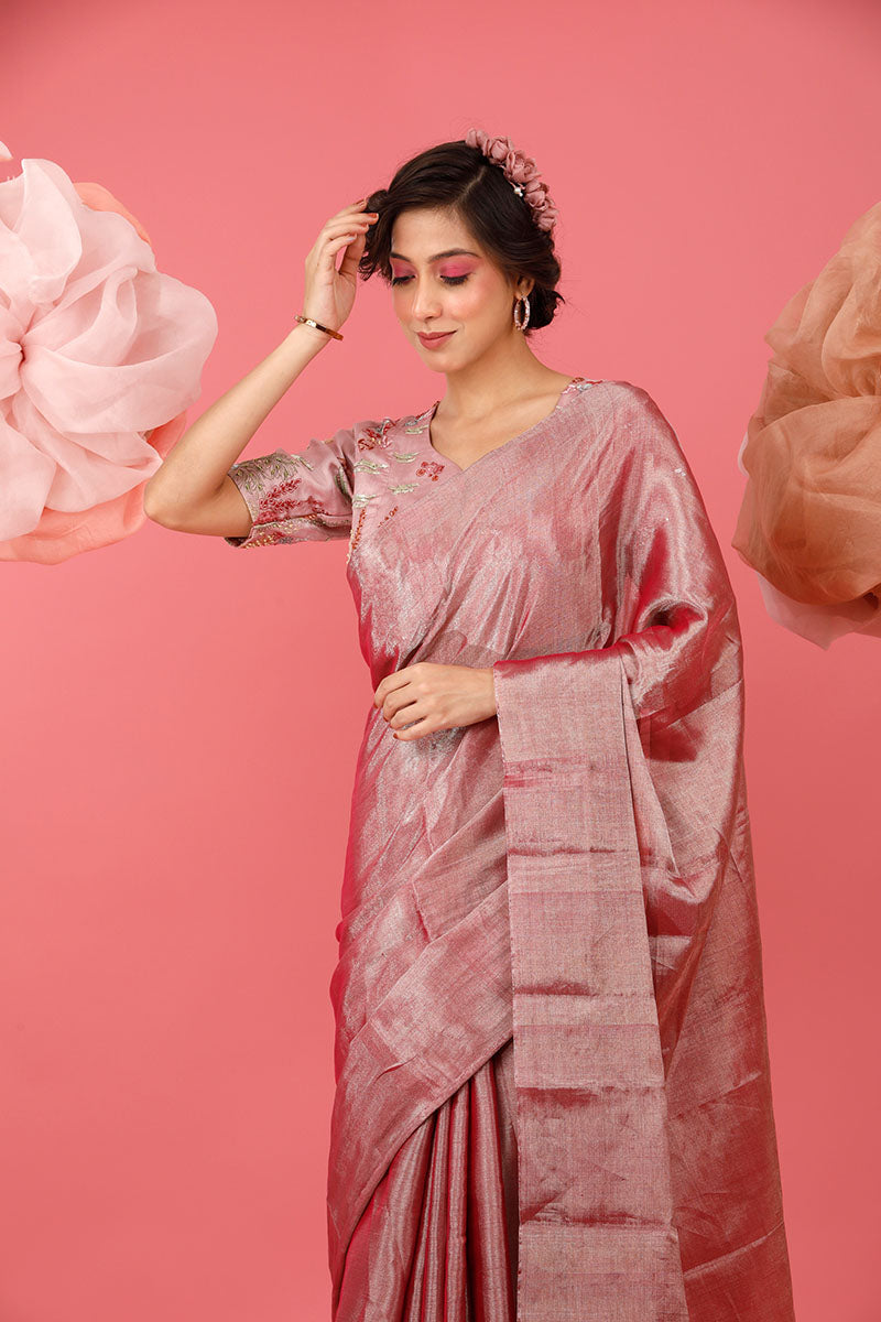 Mauve Woven Tissue Silk Saree With Stitched Blouse - Chinaya Banaras