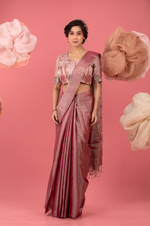 Mauve Woven Tissue Silk Saree With Stitched Blouse - Chinaya Banaras