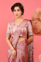 Mauve Woven Tissue Silk Saree With Stitched Blouse - Chinaya Banaras