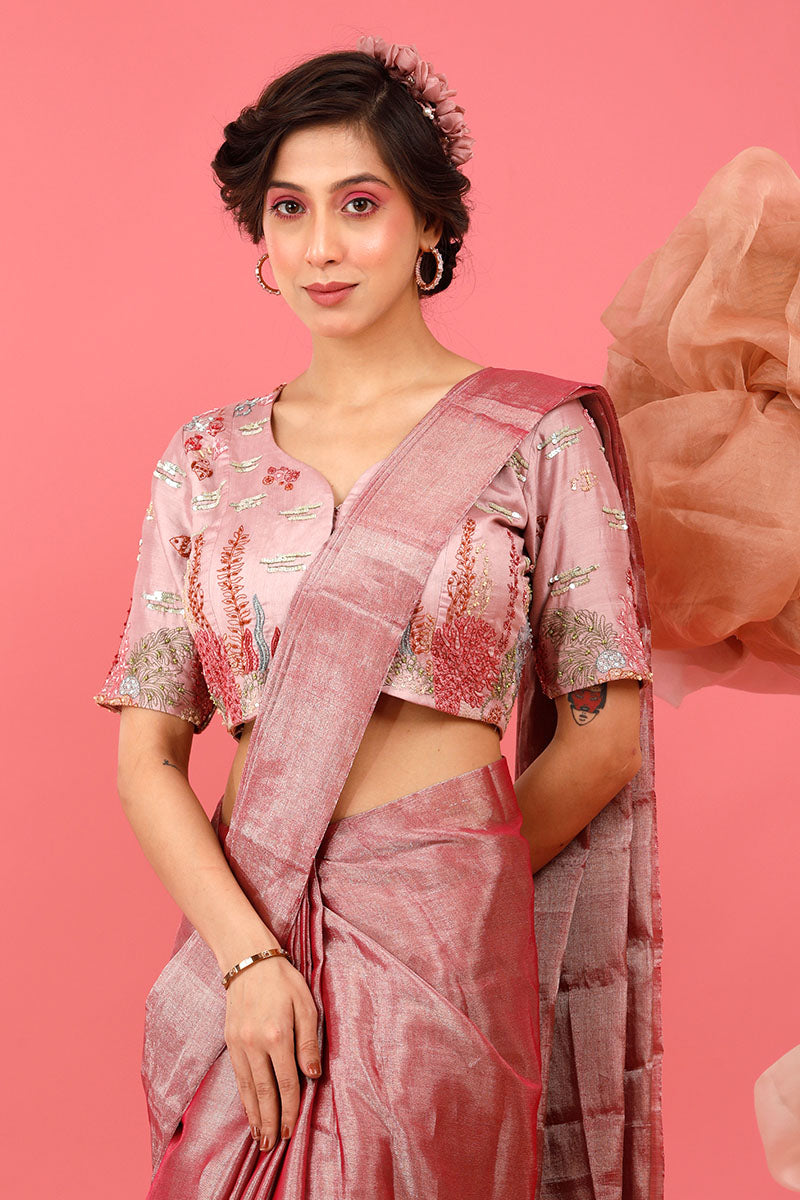 Mauve Woven Tissue Silk Saree With Stitched Blouse