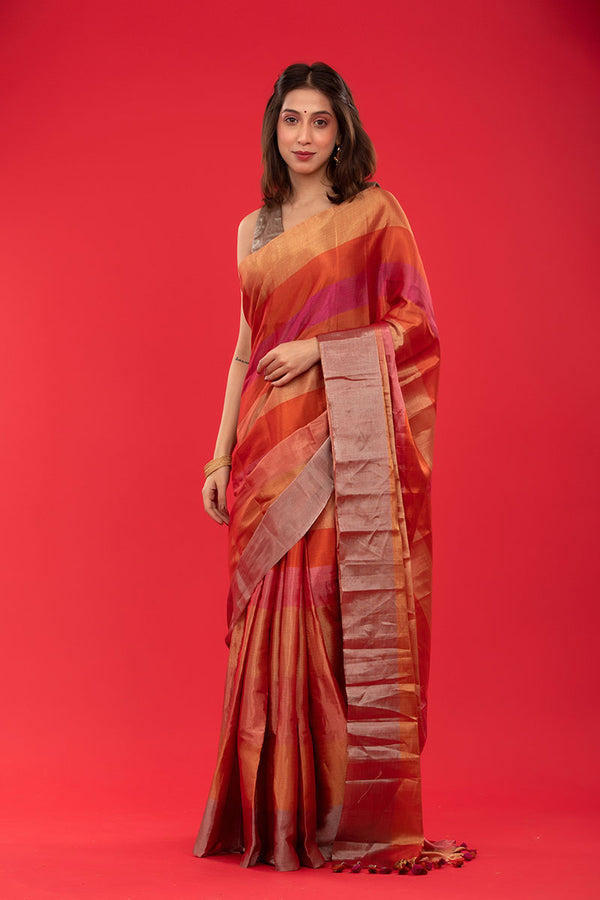 Women in Red Woven Tissue Silk Saree at Chinaya Banaras