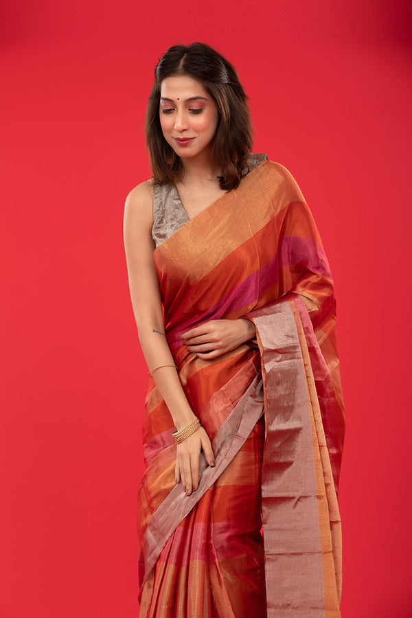 Women in Red Woven Tissue Silk Saree at Chinaya Banaras