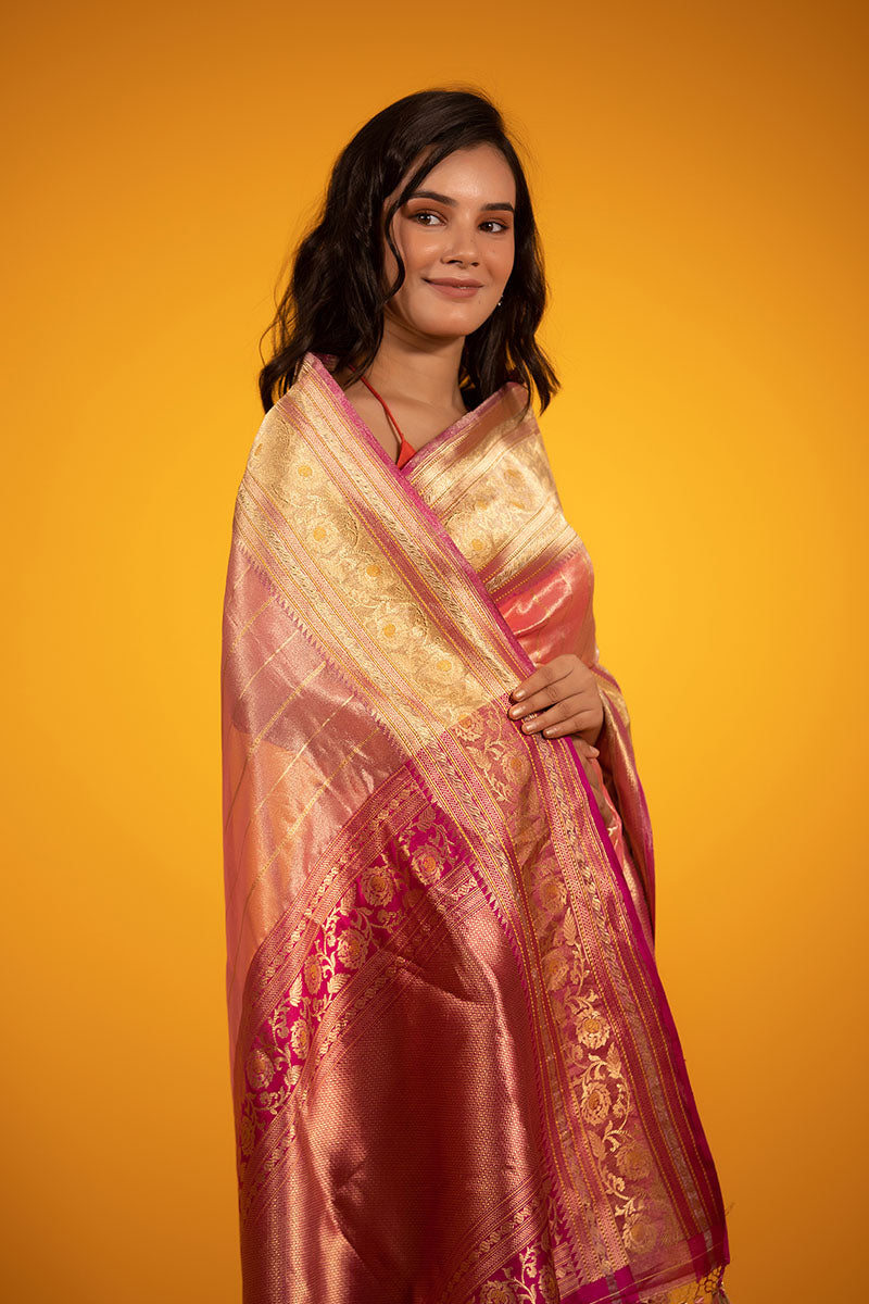 Glam Peachy Pink Handwoven Tissue Silk Saree - Chinaya Banaras