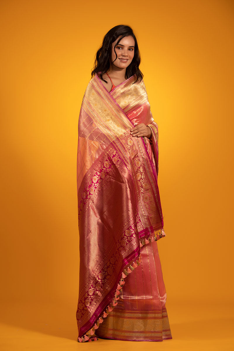 Glam Peachy Pink Handwoven Tissue Silk Saree - Chinaya Banaras