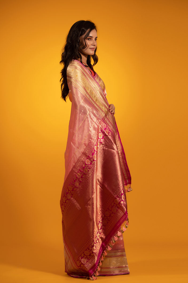 Glam Peachy Pink Handwoven Tissue Silk Saree - Chinaya Banaras