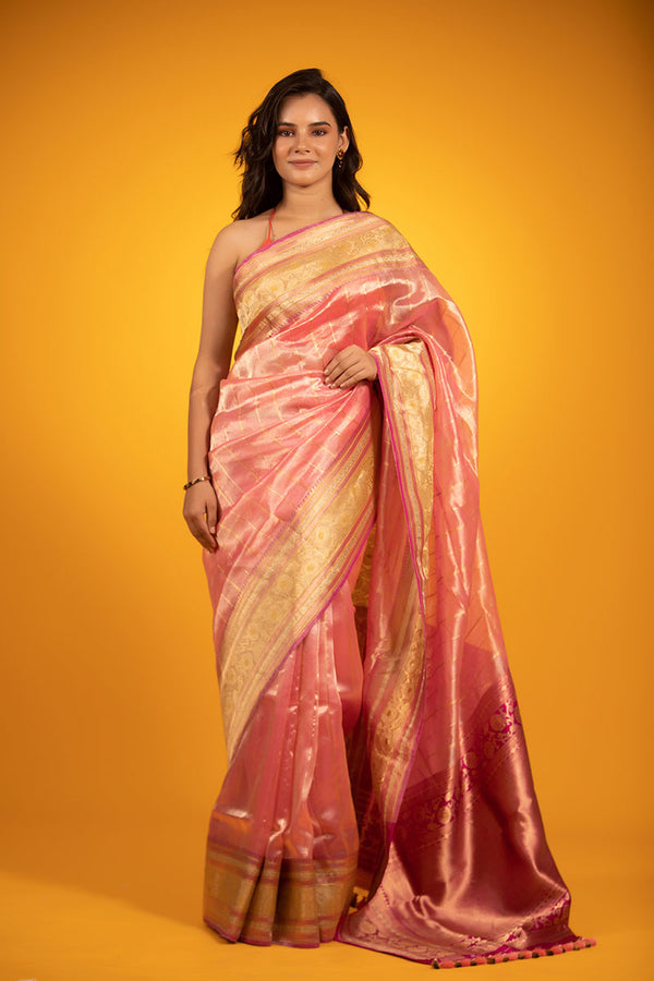 Women in Pink Handwoven Tissue Silk Saree  At Chinaya Banaras