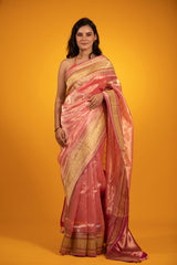 Glam Peachy Pink Handwoven Tissue Silk Saree - Chinaya Banaras