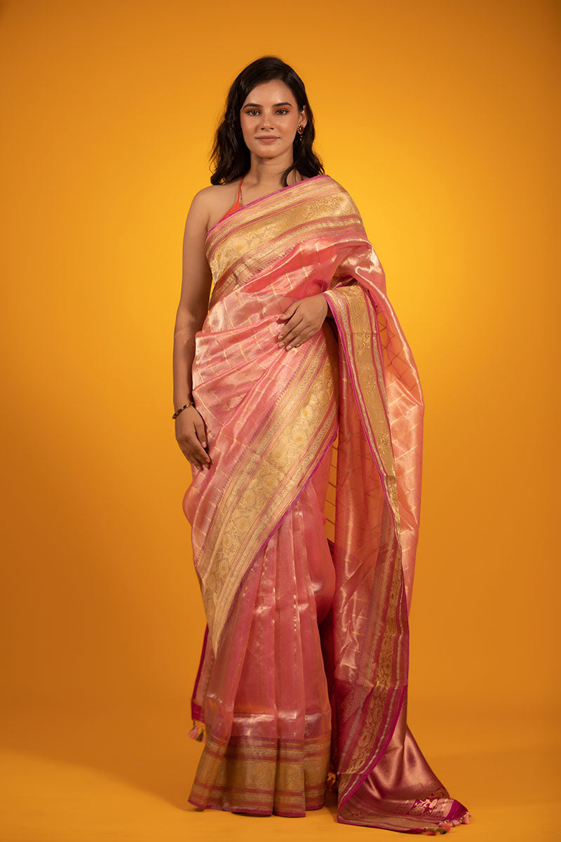 Glam Peachy Pink Handwoven Tissue Silk Saree - Chinaya Banaras