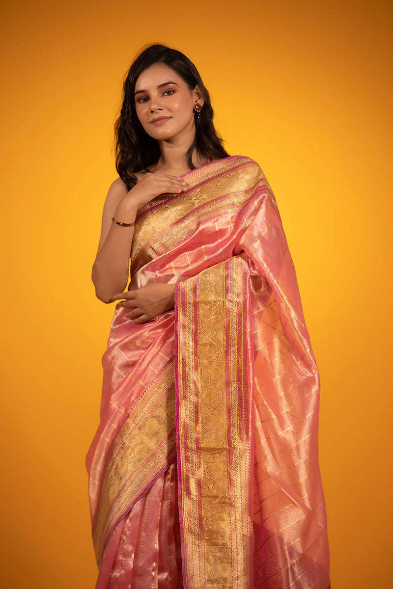 Glam Peachy Pink Handwoven Tissue Silk Saree - Chinaya Banaras