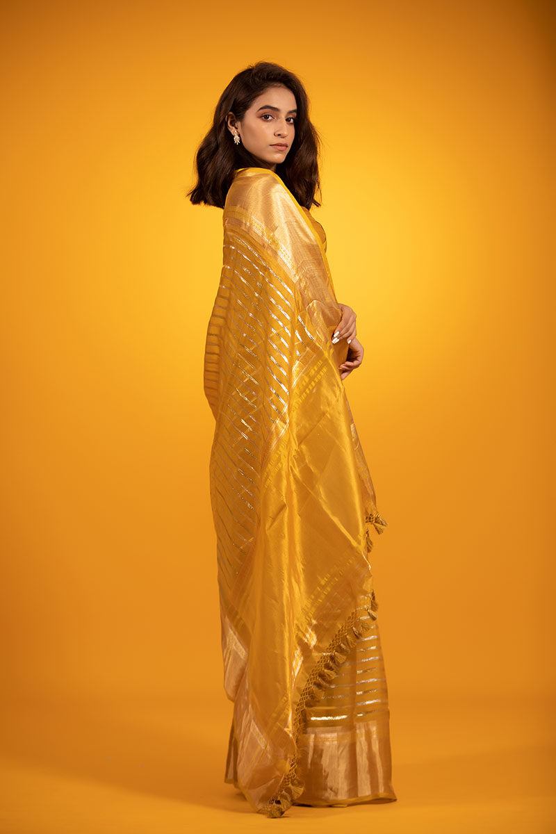 Golden Yellow Striped Woven Tissue Silk Saree - Chinaya Banaras