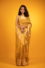 Golden Yellow Striped Woven Tissue Silk Saree - Chinaya Banaras