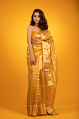 Golden Yellow Striped Woven Tissue Silk Saree