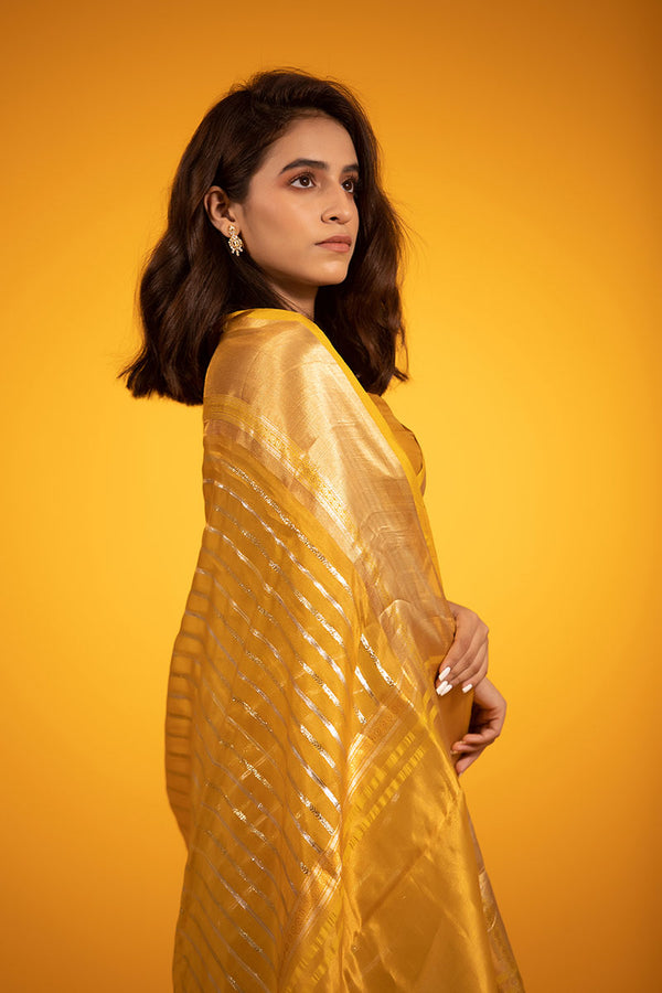 Golden Yellow Striped Woven Tissue Silk Saree - Chinaya Banaras