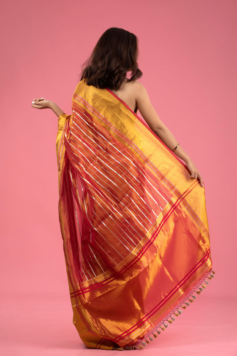 Molten Red Striped Woven Tissue Silk Saree - Chinaya Banaras