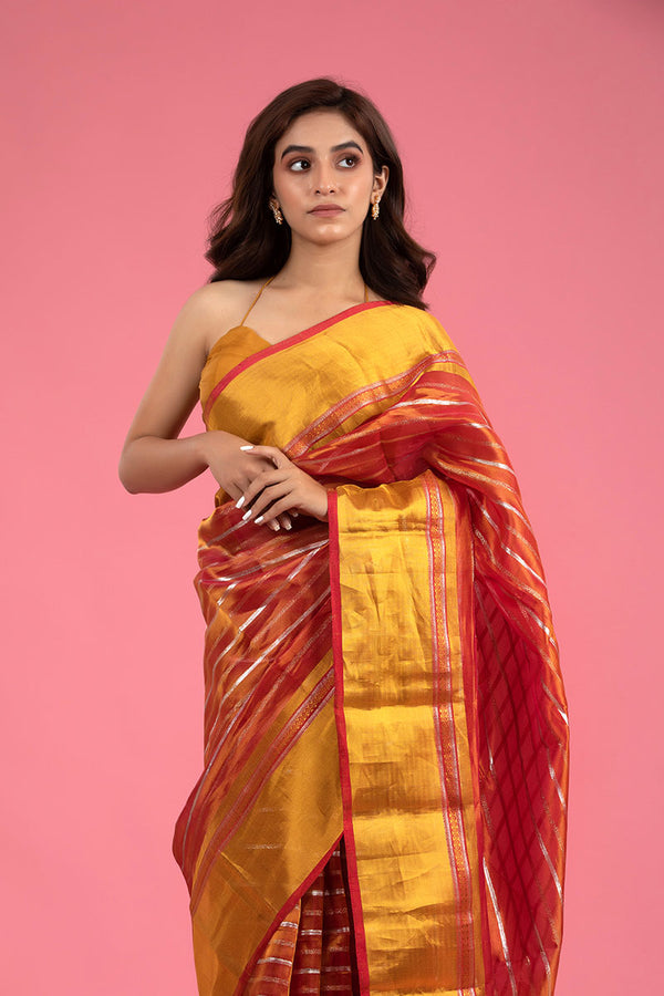 Molten Red Striped Woven Tissue Silk Saree - Chinaya Banaras