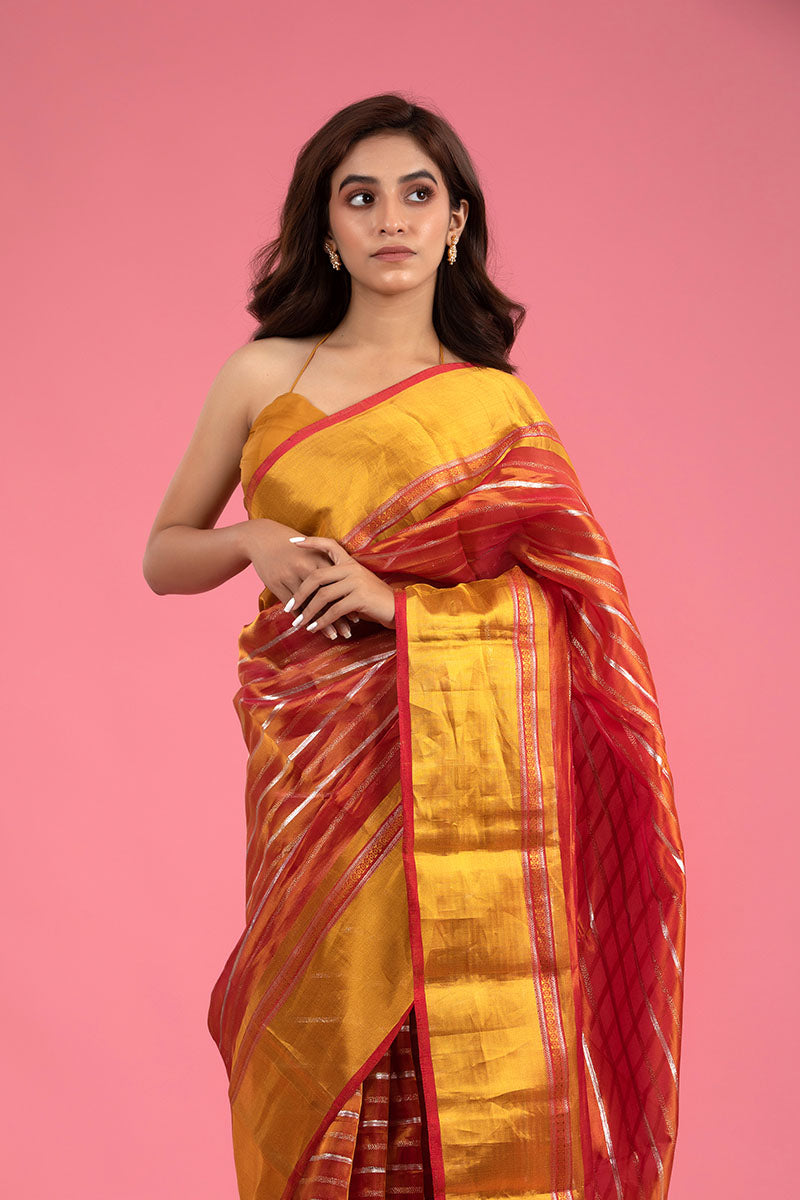 Molten Red Striped Woven Tissue Silk Saree