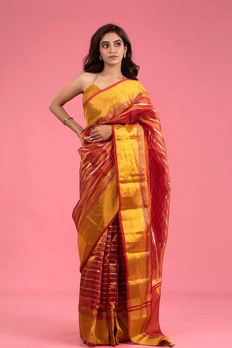 Molten Red Striped Woven Tissue Silk Saree