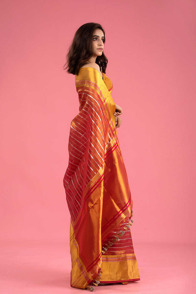 Molten Red Striped Woven Tissue Silk Saree - Chinaya Banaras