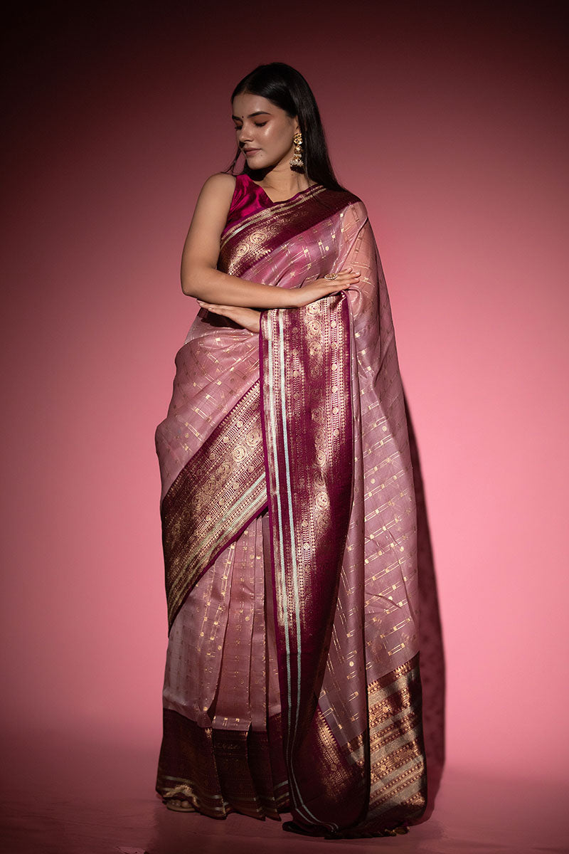 Pastel Pink Checkered Handwoven Organza Silk Saree