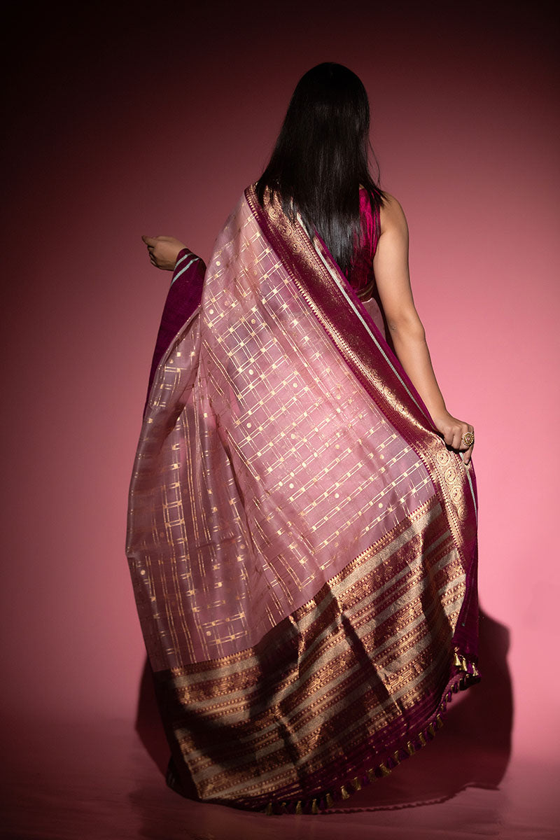 Pastel Pink Checkered Handwoven Organza Silk Saree