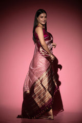 Pastel Pink Checkered Handwoven Organza Silk Saree