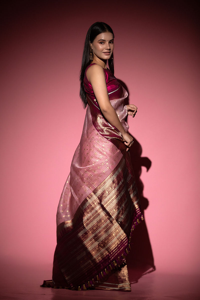 Pastel Pink Checkered Handwoven Organza Silk Saree - Chinaya Banaras