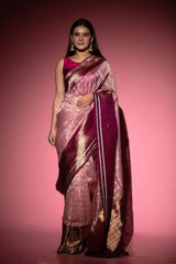 Women In Pink Checkered Handwoven Organza Silk Saree At Chinaya Banaras