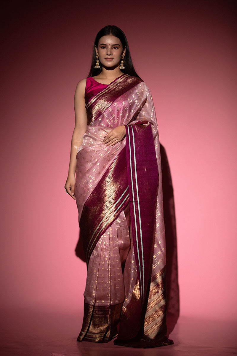Pastel Pink Checkered Handwoven Organza Silk Saree