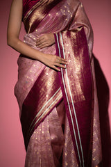 Pastel Pink Checkered Handwoven Organza Silk Saree - Chinaya Banaras