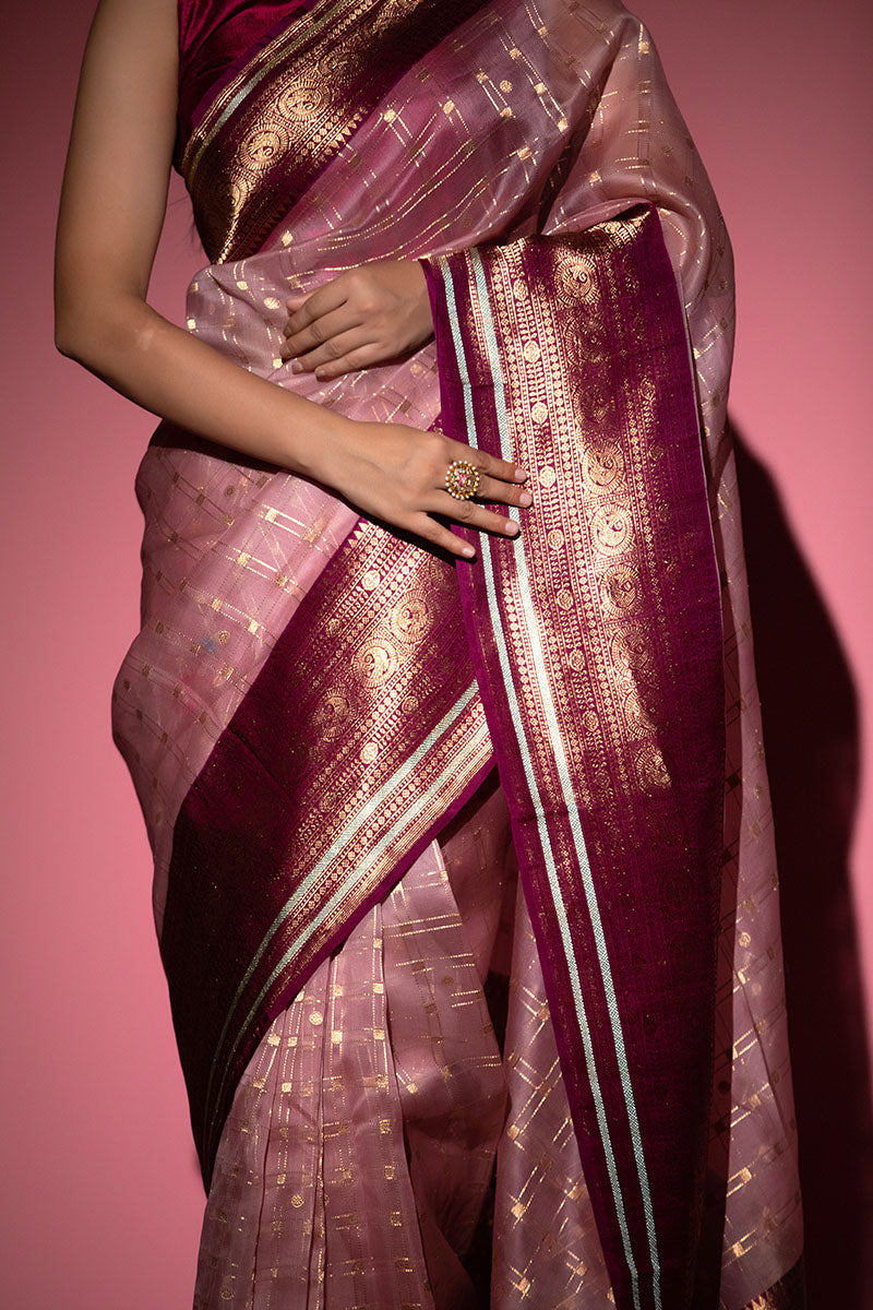 Pastel Pink Checkered Handwoven Organza Silk Saree - Chinaya Banaras