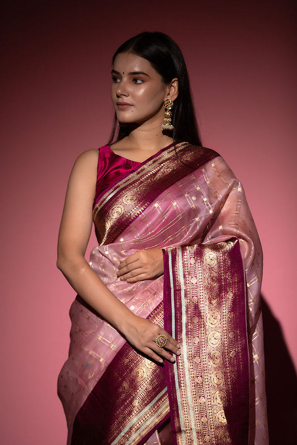 Pastel Pink Checkered Handwoven Organza Silk Saree - Chinaya Banaras