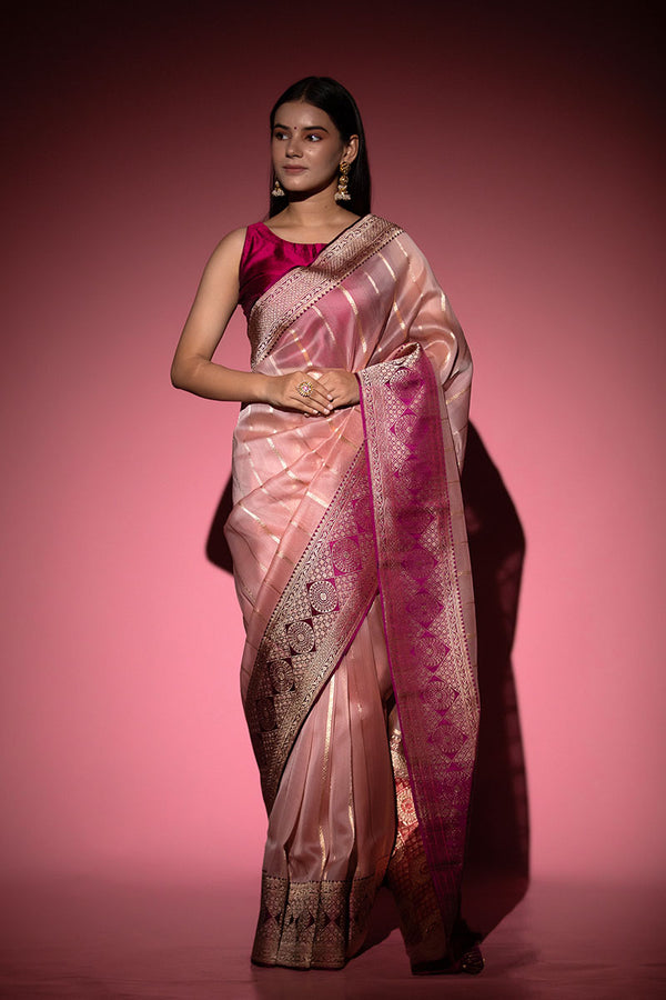 Pastel Pink Ethnic Handwoven Organza Silk Saree - Chinaya Banaras