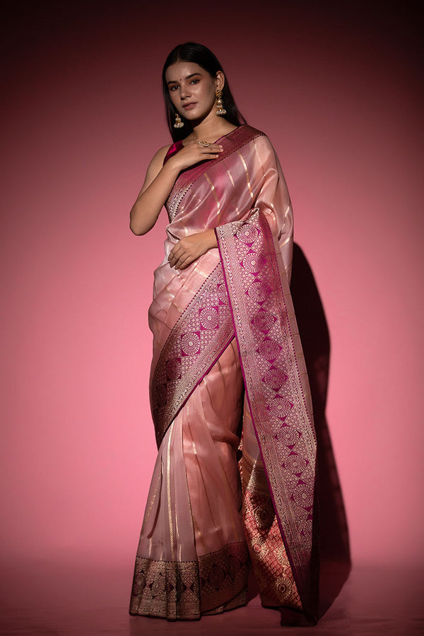 Women In Pink Ethnic Handwoven Organza Silk Saree At Chinaya Banaras