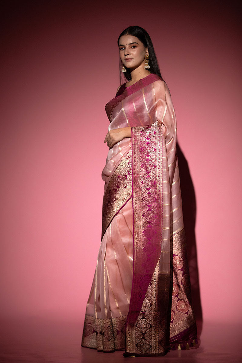 Pastel Pink Ethnic Handwoven Organza Silk Saree - Chinaya Banaras