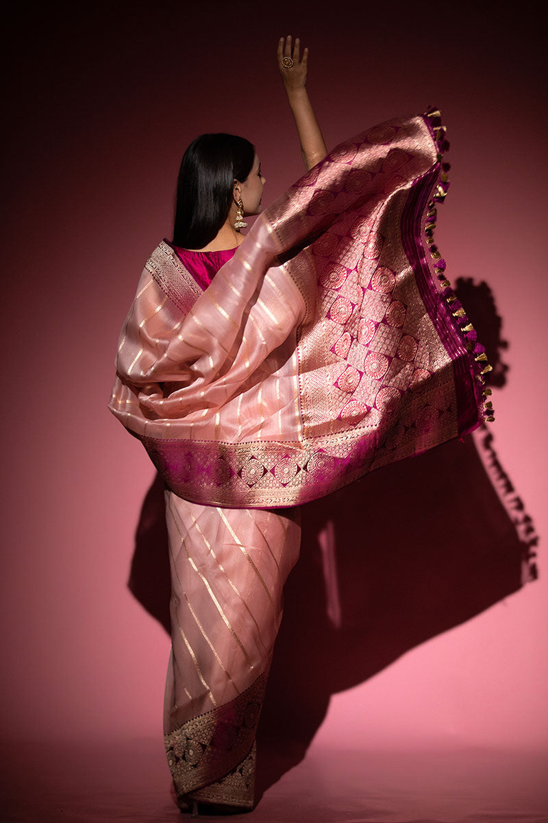 Pastel Pink Ethnic Handwoven Organza Silk Saree