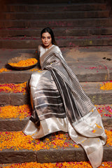 Black & Grey Striped Woven Tissue Silk Saree - Chinaya Banaras
