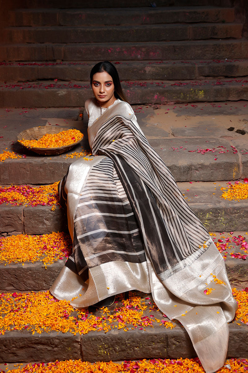 Black & Grey Striped Woven Tissue Silk Saree - Chinaya Banaras