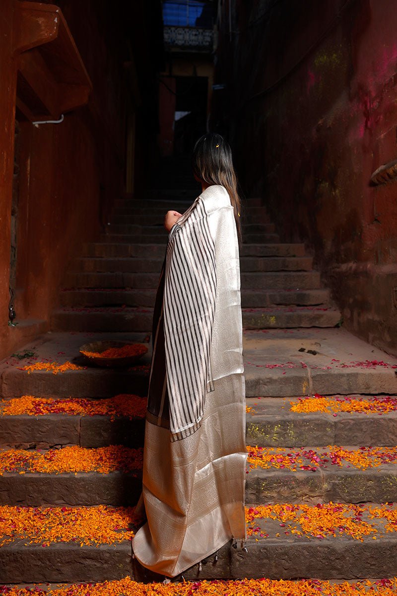 Black & Grey Striped Woven Tissue Silk Saree - Chinaya Banaras