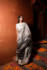 Black & Grey Striped Woven Tissue Silk Saree - Chinaya Banaras