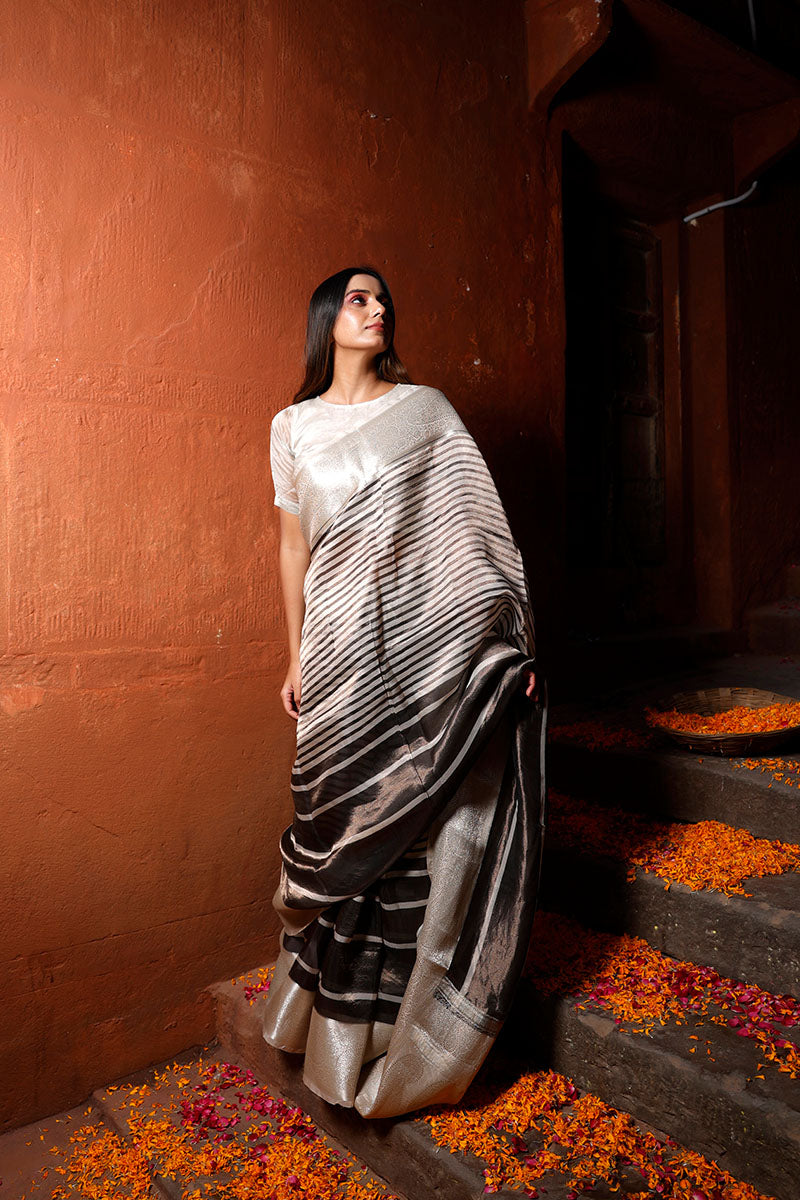 Black & Grey Striped Woven Tissue Silk Saree - Chinaya Banaras