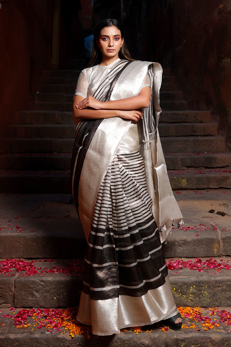 Women In Black & Grey Woven Tissue Silk Saree At Chinaya Banaras