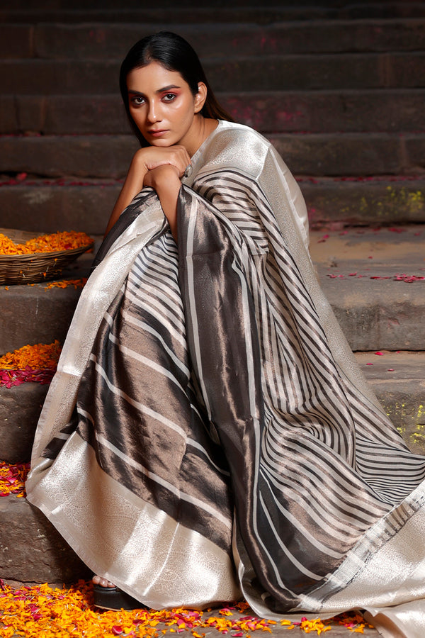 Black & Grey Striped Woven Tissue Silk Saree - Chinaya Banaras
