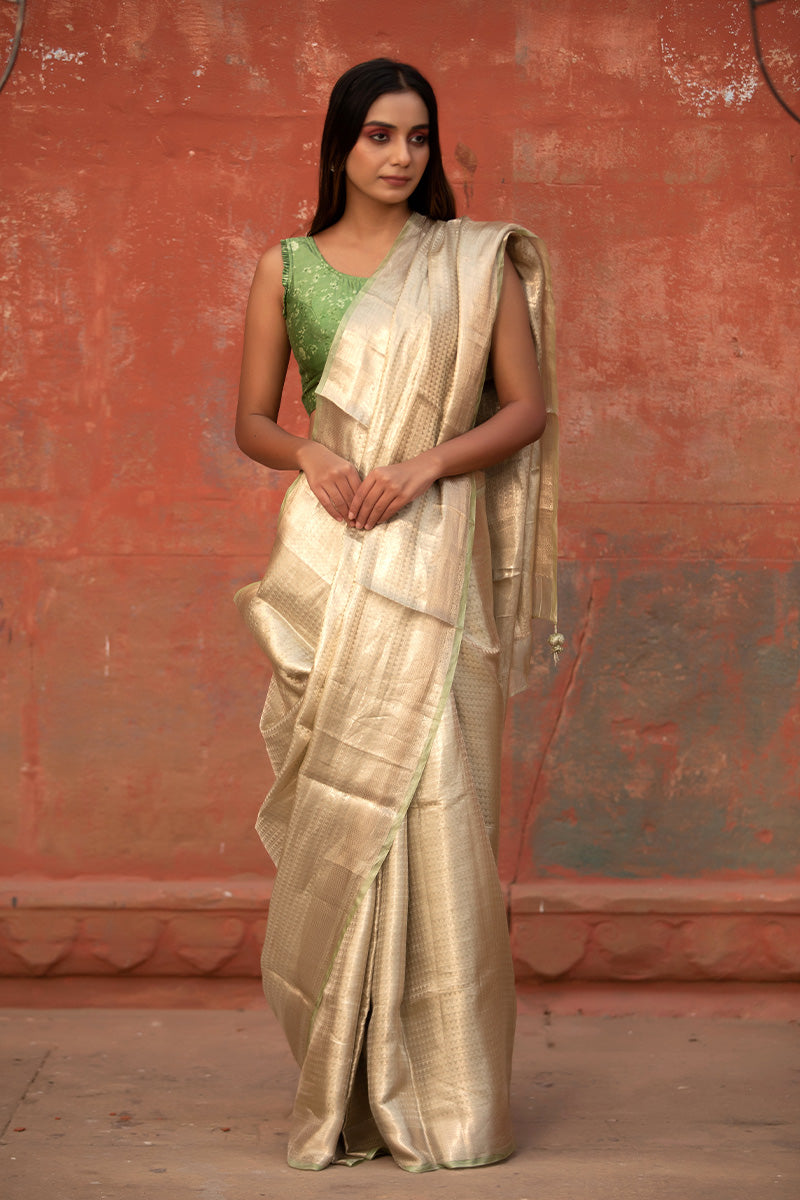 Women In Sage Green Woven Tissue Silk Saree At Chinaya Banaras