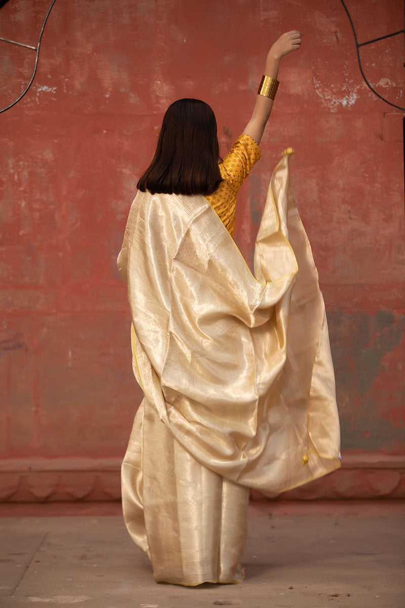 Butter Yellow Woven Tissue Silk Saree - Chinaya Banaras