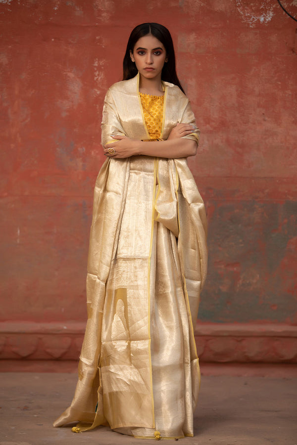 Butter Yellow Woven Tissue Silk Saree - Chinaya Banaras