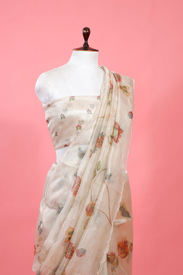 Shimmery White Floral Jaal  Embellished Tissue Silk Saree