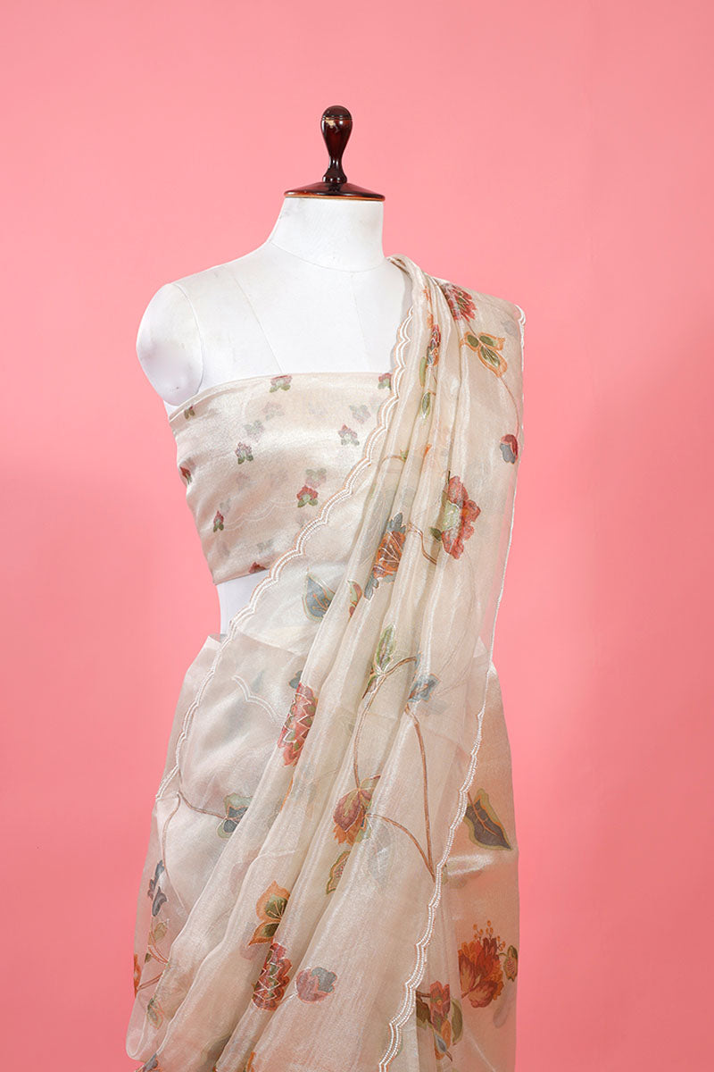 Shimmery White Floral Jaal  Embellished Tissue Silk Saree