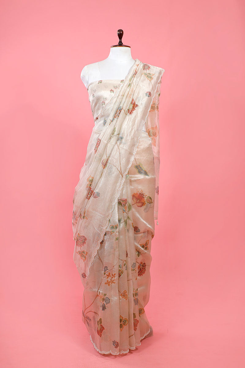 White Embellished Tissue Silk Saree By Chinaya Banaras
